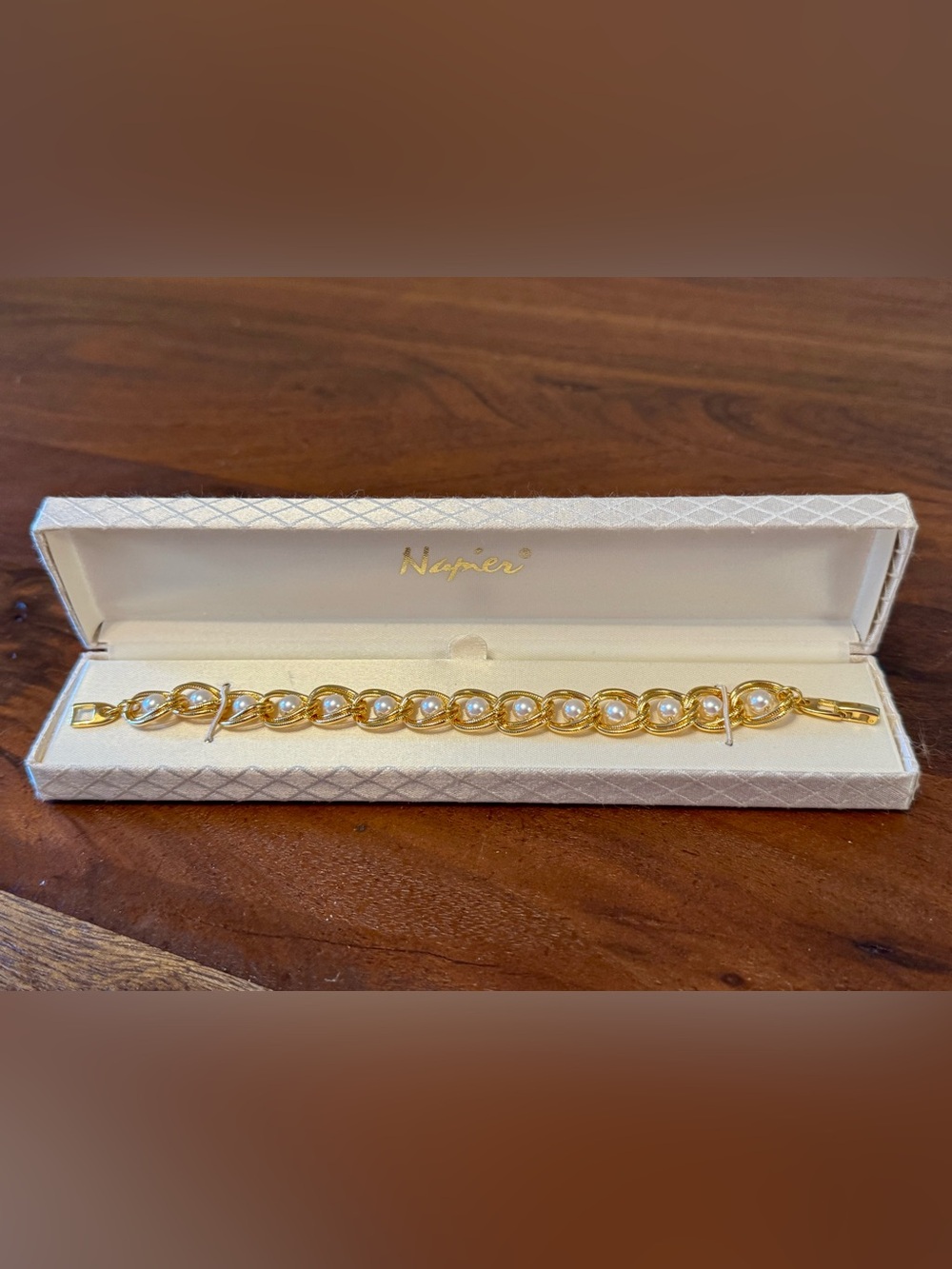 Vintage Signed NAPIER Gold-Tone & Faux Pearl Link Bracelet Original Box EUC